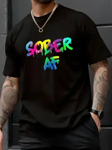 100% Cotton Funny Sobriety Gift 12 Step Program Gift Sober AF T-Shirt, Western Outfits Shirts Men's Graphic Tees Top