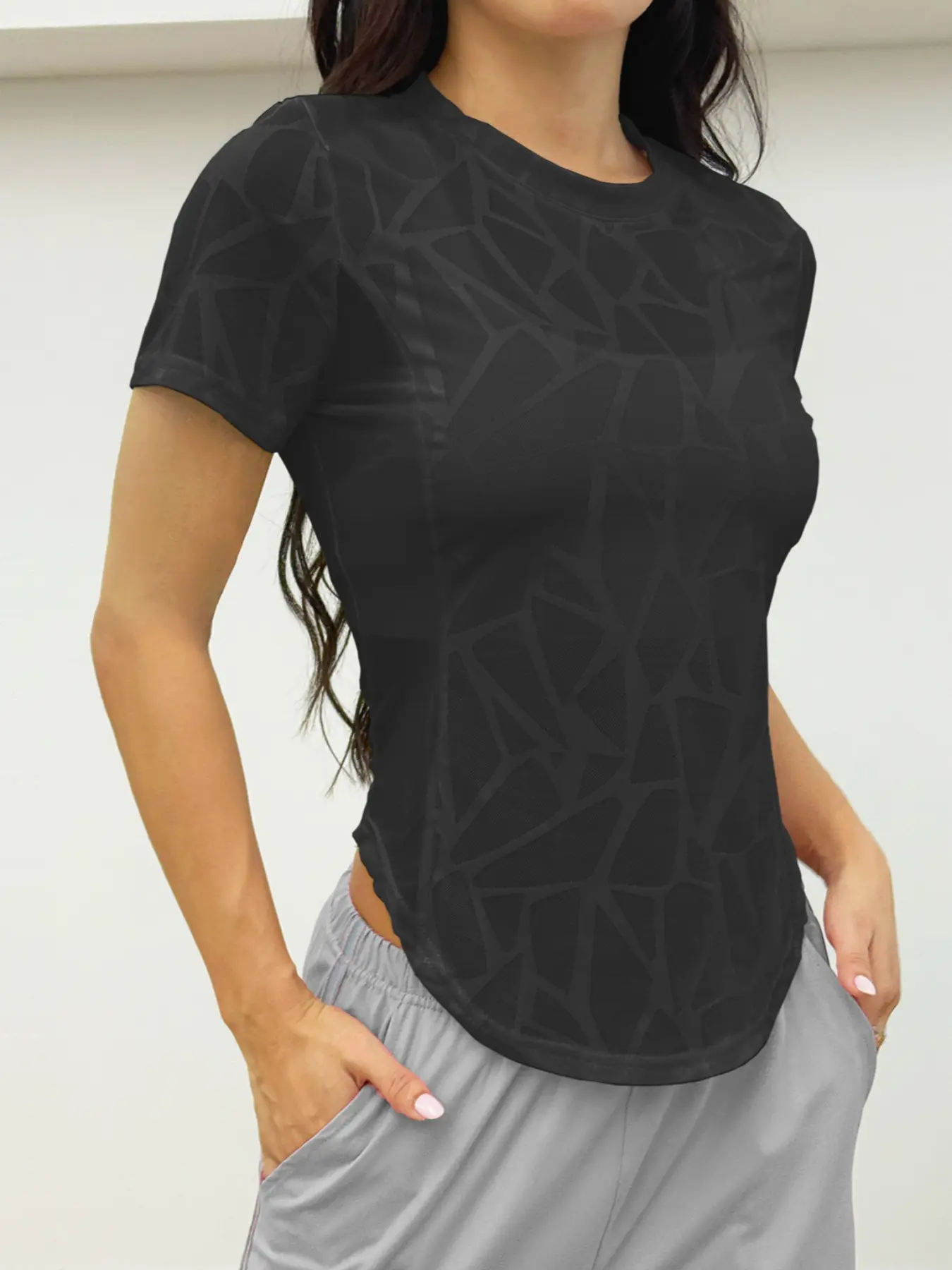 Women's Summer Breathable Mesh Patchwork Hollow Out T-Shirt, Short Sleeve Elastic Sports Top for Gym Workout Outdoor Casual Wear, Athletic Top, Athletic Fashion Activewear