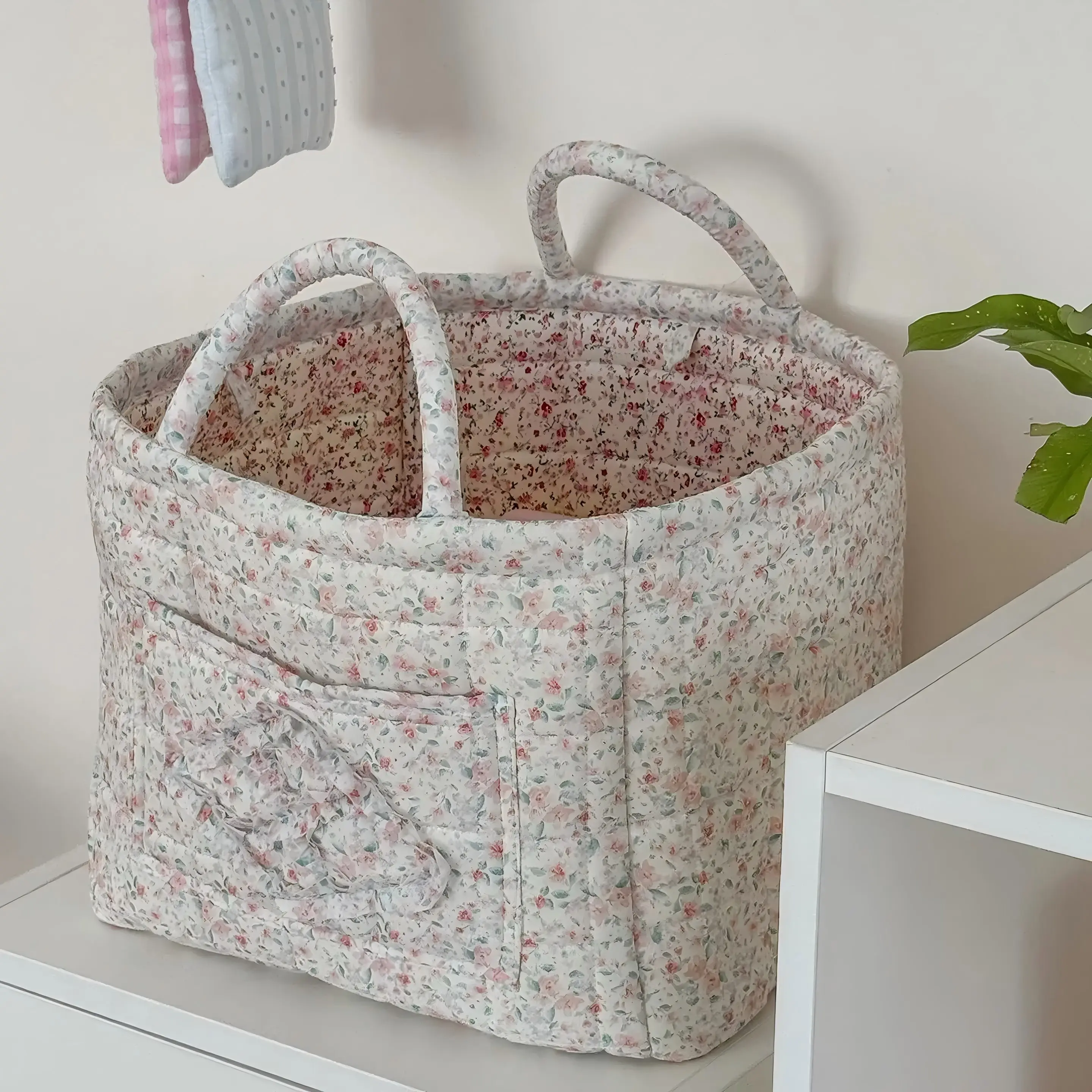 Floral Foldable Cotton Storage Basket, Large Capacity for Car Trunk, Backseat, Laundry, Clothes, Toys, Blankets. Machine Washable Woven Bin for Bedroom, Bathroom & Living Room Flower