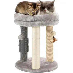 4in1 Small Cat Tree,Scratching Post with Tower Soft Bed, Sisal Carpet Jute Posts with Three Hanging Ball Toys and Massage Brush for Indoor Cats and Kittens