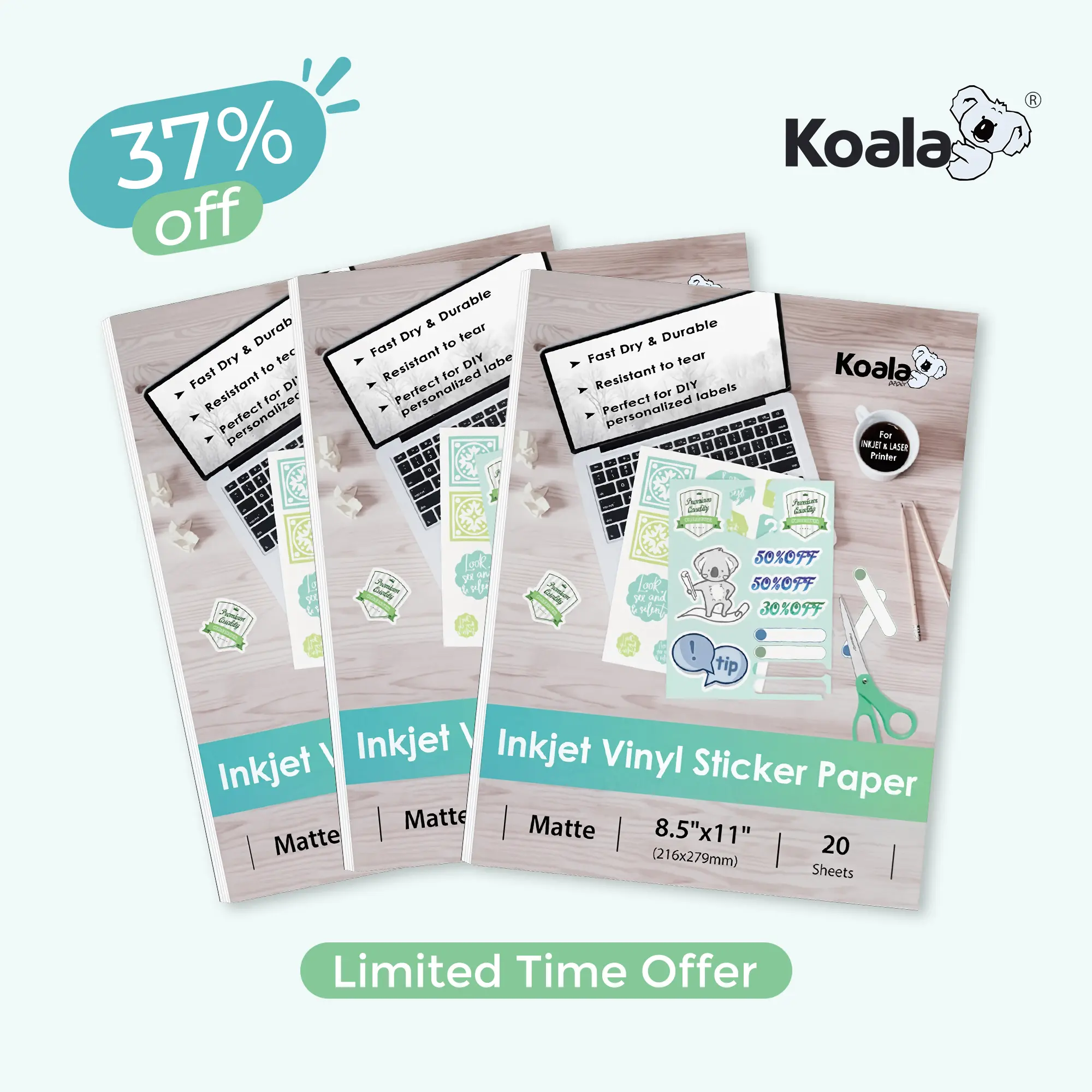 Matte Waterproof Koala Vinyl Sticker Paper, 3-Pack Bulk Office Stationery Paper (For Computers & Office Supplies, Notebooks)