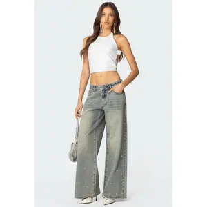 Rhinestone Washed Low Rise Baggy Jeans