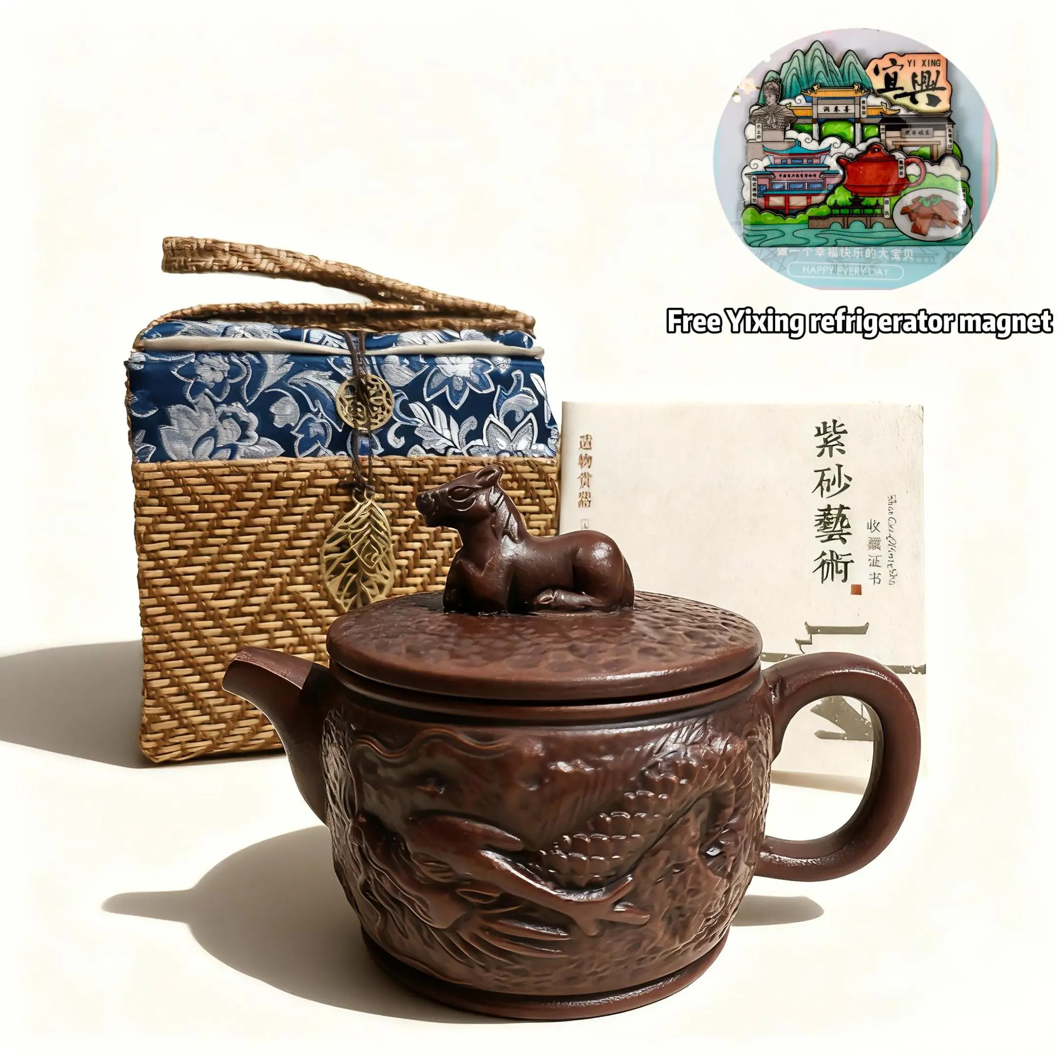 Premium Collectible Authentic Yixing Purple Clay Tea Pot - Handmade Ancient Red Original Ore, Dragon and Horse Motif, Traditional Classic Cultural Porcelain Kettle for Home Use
