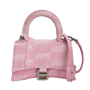 Pre-owned Balenciaga Hourglass XS Top Handle Bag Pink Denim BB Monogram Silver Hardware | Authentic Luxury 7.5" L × 5.1" H × 3.1" D