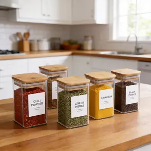 High end glass seasoning jar set with label - bamboo lid square sealed jar | modern kitchen storage and organization | transparent food storage container | natural wooden lid tiktokshopspringglowup