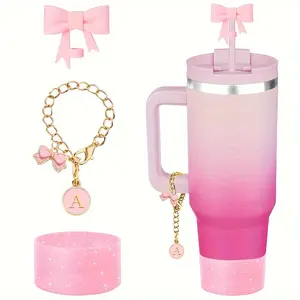3pcs Set Designed Specifically for Cup Accessories 30 & 40oz, 1 Cute Bow Silicone Straw Lid Cover, 1 A-Z Name ID Letter Handle Charm, 1 Shining Brightly Cup Sleeve, Personality Cup Decorations