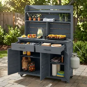 65''H Large Garden Potting Bench with Lockable Wheels and Storage Cabinet, Wood Outdoor Kitchen Island Prep Cart with Hutch Top, Drawers and Removal Shelves for Grilling, Brown
