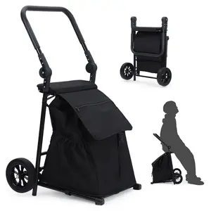 [FLASH SALE] Garvee 2 In 1 Foldable Grocery Cart, Heavy Duty Hand Truck with Cushioned Seat, Removable Waterproof Bag, Portable Trolly Dolly Utility Cart, Rolling Shopping Cart for Groceries