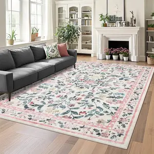 Washable Living Room Rug 10x13 Farmhouse Floral Accent Rug with Non-Slip Backing, Stain-Resistant Soft ，for Dining Room, Bedroom, Kids Room,  Pink
