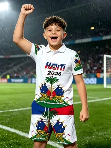 Haiti Theme Kids Casual Set, Printed Collar Polo Shirt + Short Pants Two-Piece, Comfortable and Stylish Clothing