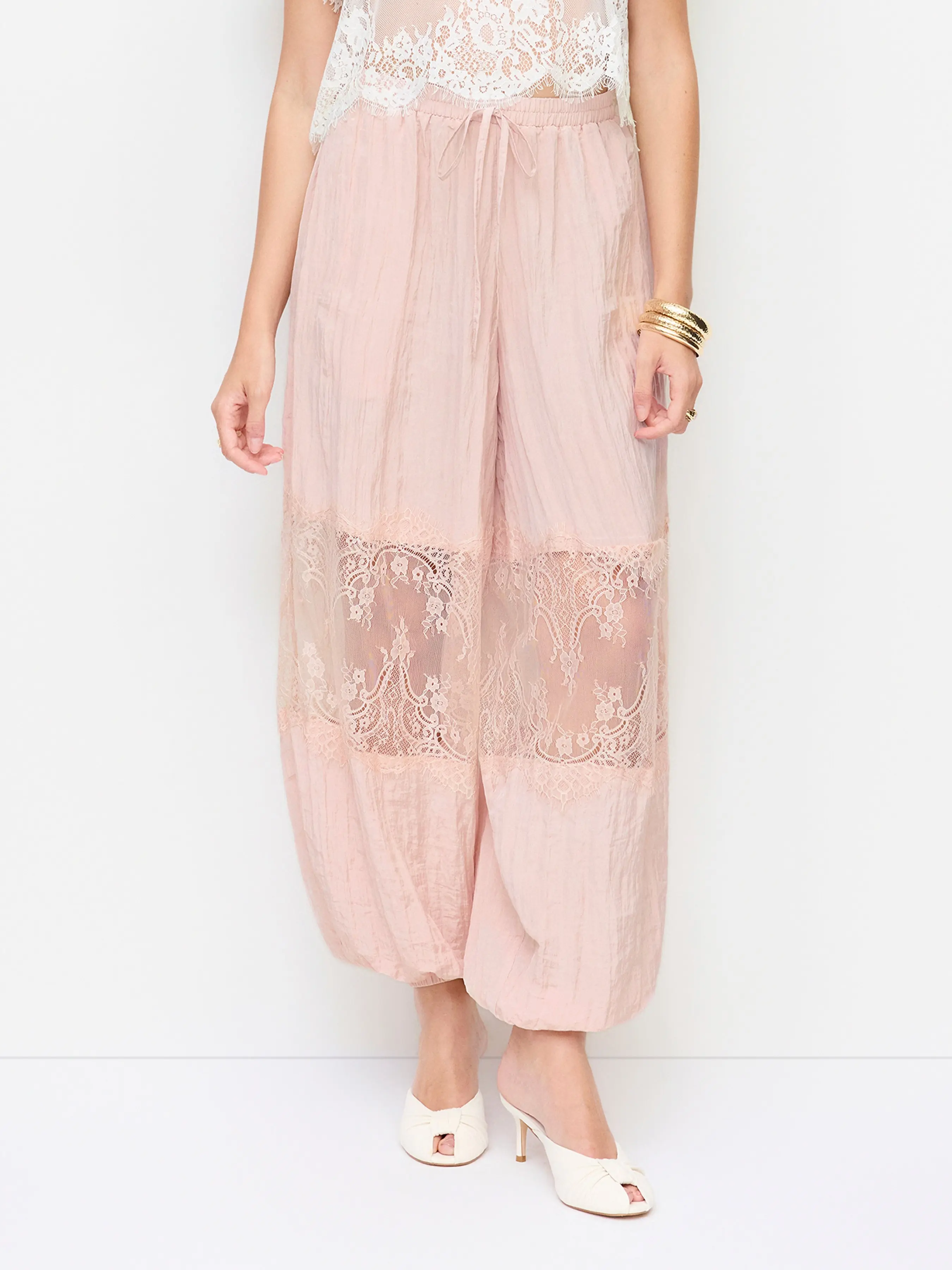 Cider Women's Romantic Floral Lace Chiffon Balloon Pants, Flowy Mid Rise Semi-Sheer Wide Leg Party Bottoms, Cute, Loose Fit, No