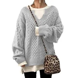 Casual Knitted Top Sweater Women's Knit Cable Knit Fashion V-Neck Pullover Sweater��Single sweater without inner layer��