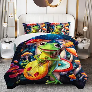 3pcs Frog and Mushroom Comforter Set, Cute Cartoon Duvet Set for Girls and Adults Bedroom or Guest Room Decor, Lightweight Soft All Seasons Comforter Machine Washable Microfiber Quilt with 2 Pillowcases , Gifts for the Family
