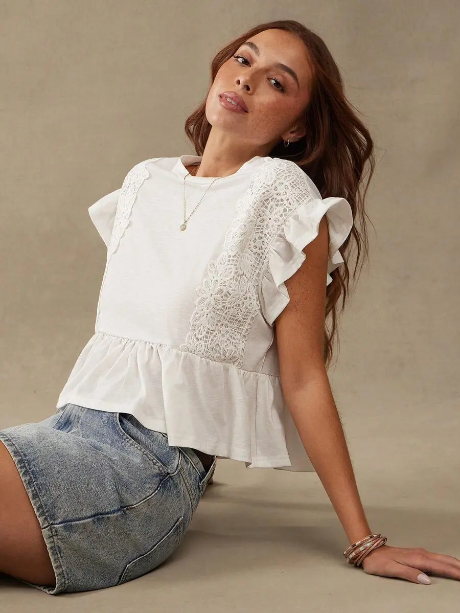 NOVANI Lace Trim Tiered Ruffle Short Sleeve White Babydoll Top Summer, Casual, Beach, Vacation, Holiday, Country, Western, Female Country Look, Cowgirl