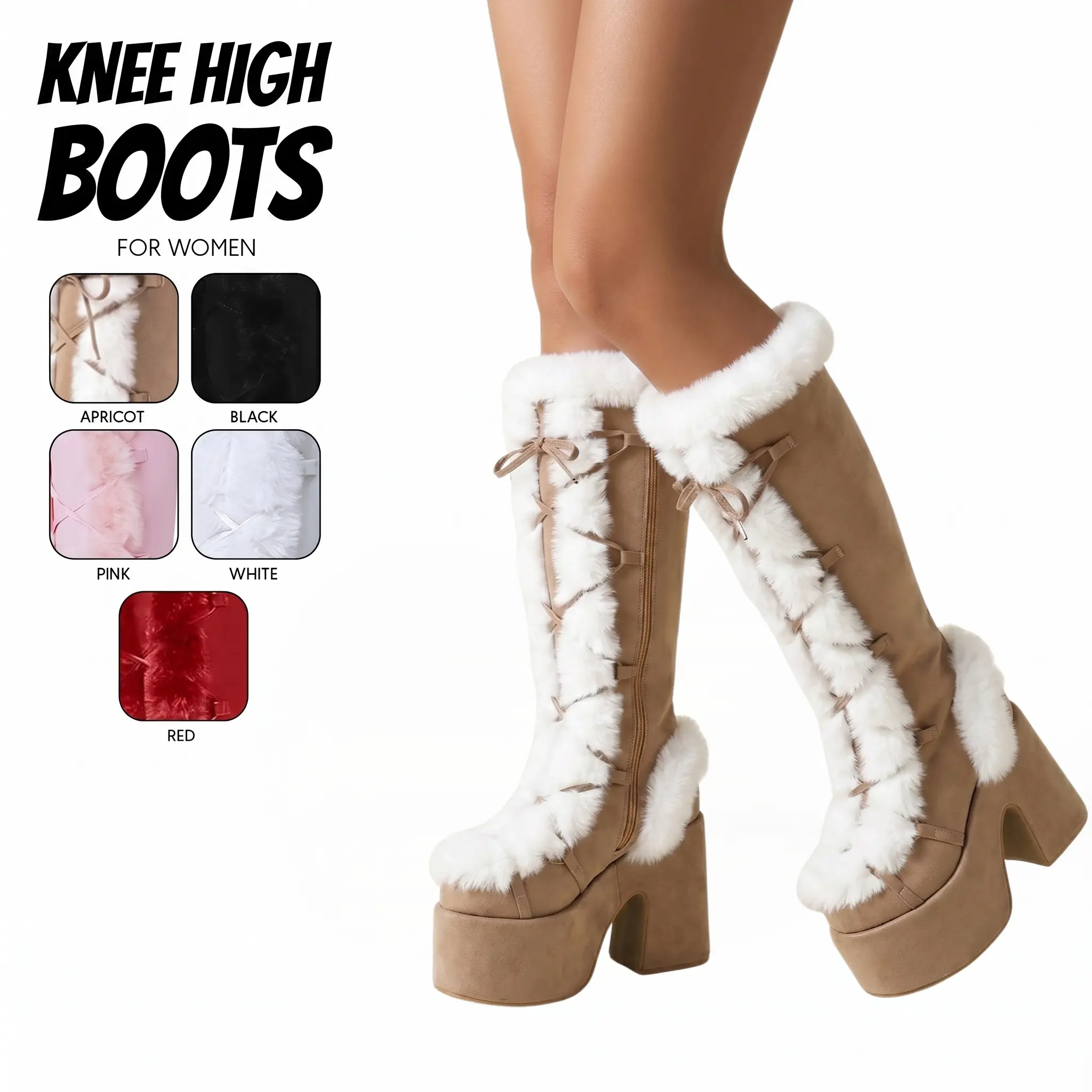 Faux Fur Boots For Women Round Toe Chunky Block Heel Cozy Warm Knee High Boots Gifts Chic Lace Up Design Round Toe for Work Spring Party Cosplay Snow Hiking Dress Shoes Platform Snow Boots