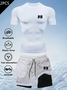 Men's High Elastic Quick-Dry Breathable Muscle Protection Compression Fitness Set, Geometric Print Short Sleeve T-Shirt, Running Yoga Workout