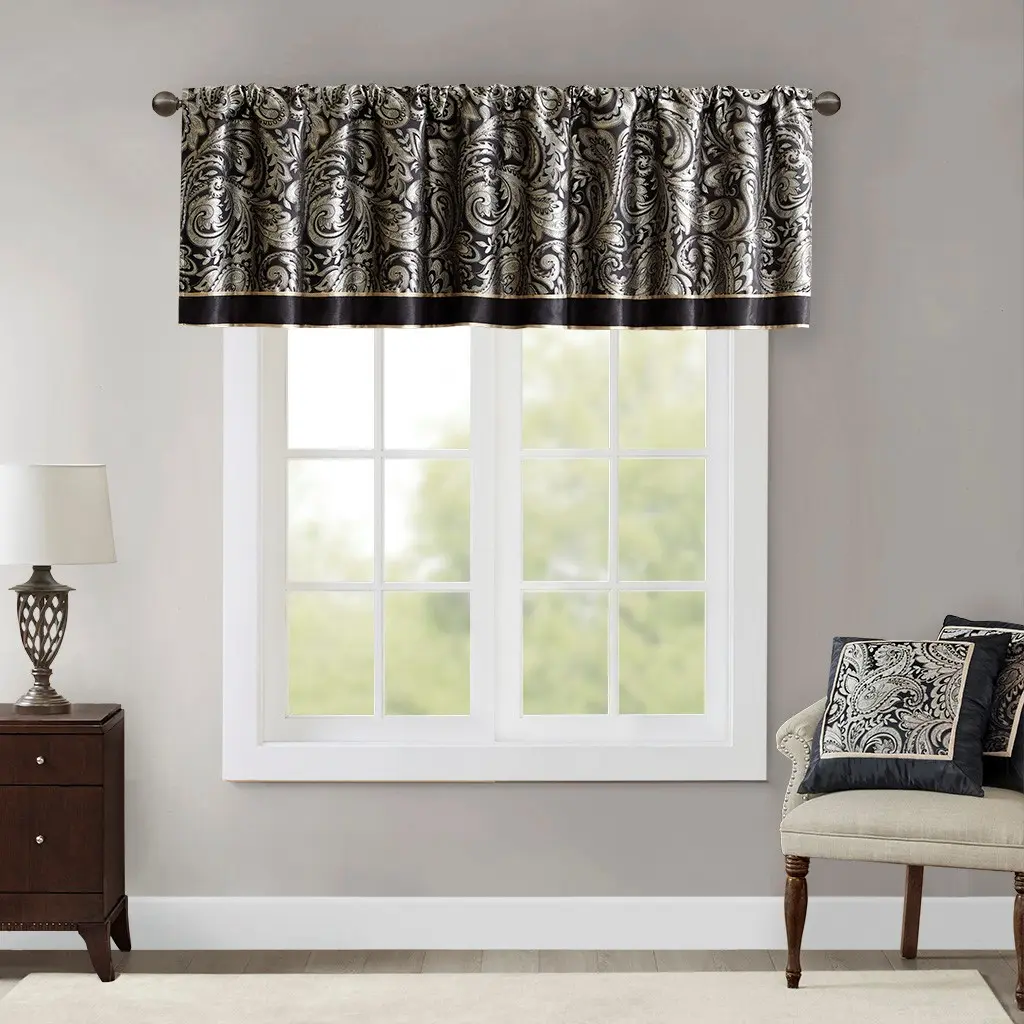 Black Jacquard Window Valance 50x18 Inch, Rod Pocket Top, Light Filtering, Single Panel, Decorative Curtain for Living Room, Bedroom, Kitchen, Modern Home Decor