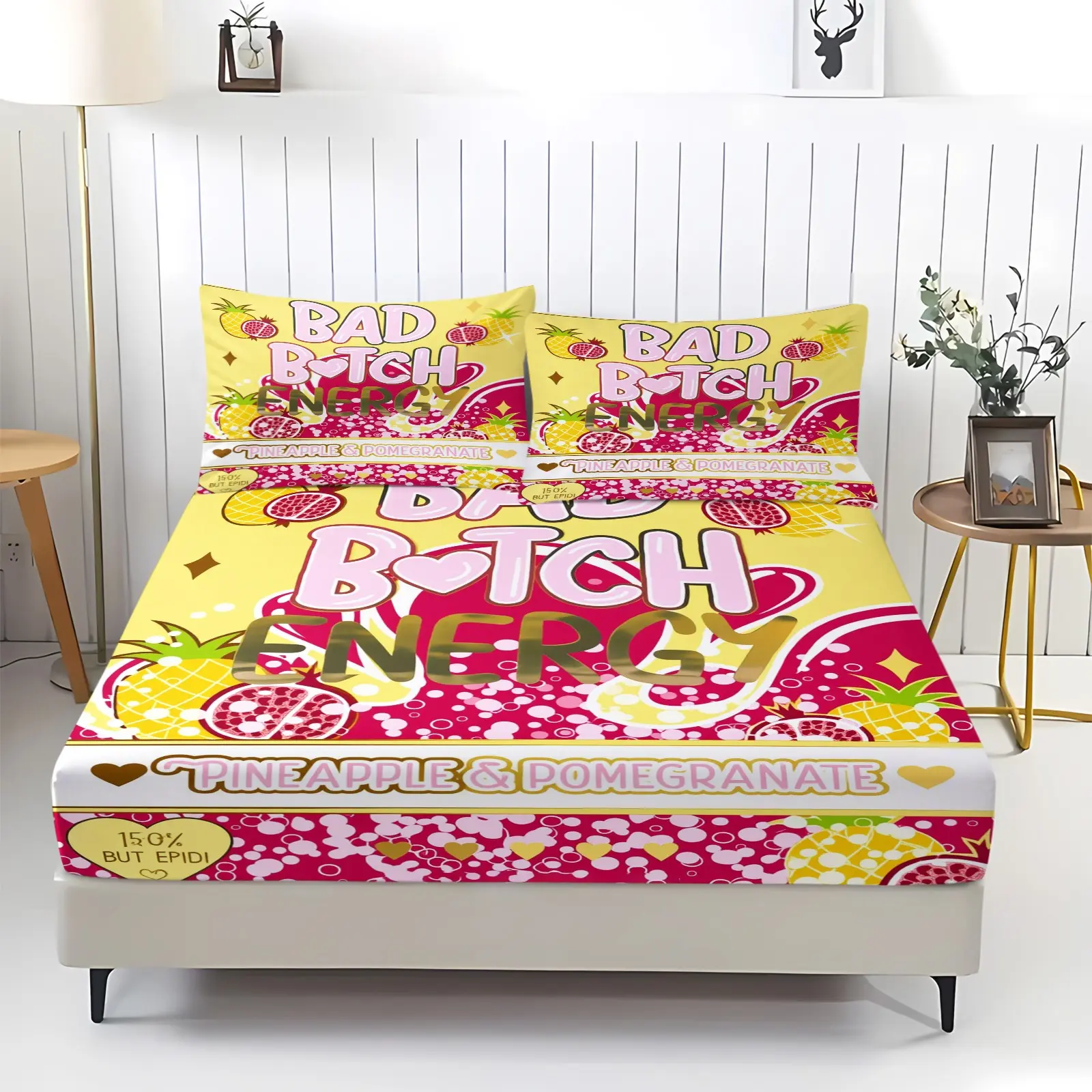 3 Pcs Funny "Bad B*tch Energy" Words Fitted Sheet Set, Pineapple & Pomegranate Print Bedding Set, Breathable Skin-Friendly Fabric,  Adds Fun & Sassy Girl Boss Vibe to Any Bedroom, Great for Bedroom Makeover & Gifts. Includes 2 Pillowcases, No Pillow Core.