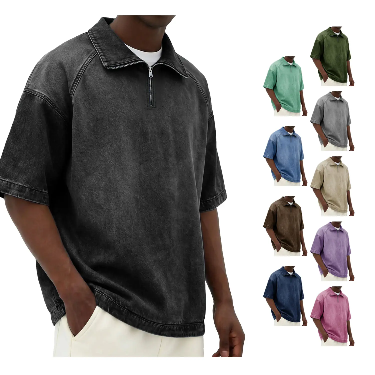Cotton Men's Oversized Half-Zip Polo Shirt, Acid Wash Vintage Short Sleeve T-Shirt, Loose Fit Baggy Workout & Gym Tees for Casual Streetwear summervibes