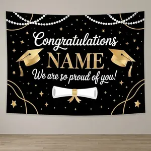 1 PC 2D Flat Banner Backdrop Graduation Celebration Gold Stars Graduation Cap Diploma Party Decor for Achievement Ceremony Background