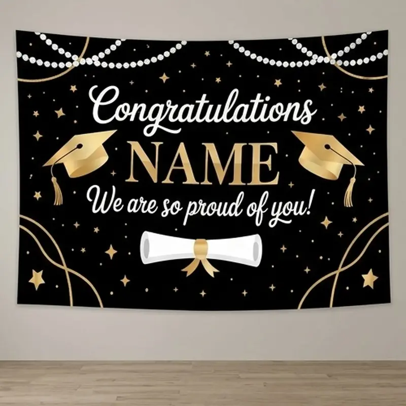 1-Piece Cloth Backdrop Decoration, Graduation-Thematic Banner with Gold Stars, Graduation Cap, Diploma for Achievement Ceremony Party Supplies