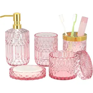 Pink Bathroom Accessories Set, 5Pcs Clear Glass Pink Bathroom Decor with Lotion Soap Dispenser, Soap Dish, Tumbler, Cotton Swab Jar, Toothbrush Holder for Bathrooms Set Modern Crystal Vintage Gift