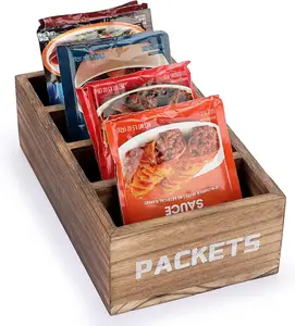 Seasoning Packet Organizer Wooden Caddy – BSTKEY 4 Compartment Kitchen Pantry Organizer for Spice, Sauce & Snack Packets (Farmhouse Style)