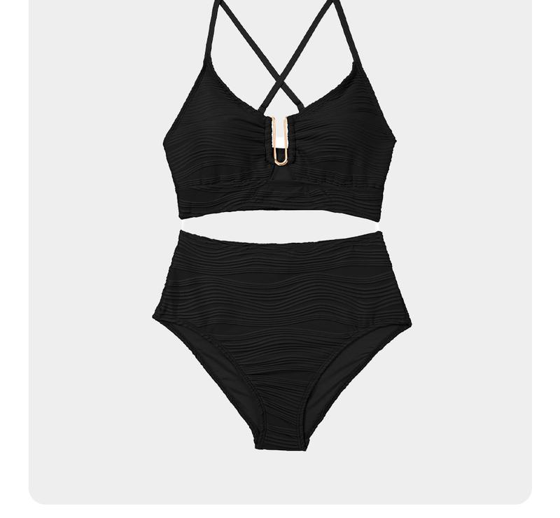 Aleumdr 2 Piece Bikini Set U-Wire Cutout Swimsuit High Waisted Textured 2025 Summer Swimming Clothing Beach Water Sports Tummy Control Swimwear