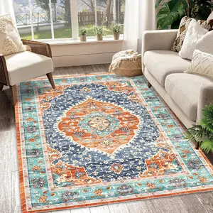 【GARVEE】4x6 Area Rug - Washable Rugs for Living Room, No Pile Boho Carpet for Entryway, Bedroom, Dinning Room, Vintage Carpet Print, Distressed Non-Slip. Red