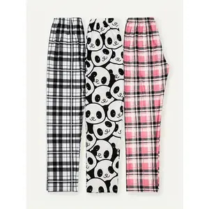 3 Pieces Casual Plaid or Panda Print Nightwear Bottoms, Elastic High Waist Loose Fit Pajama Pants - Soft & Comfortable Fabric - For Women - Perfect for Lounging & Sleeping - Ideal Gift for Her