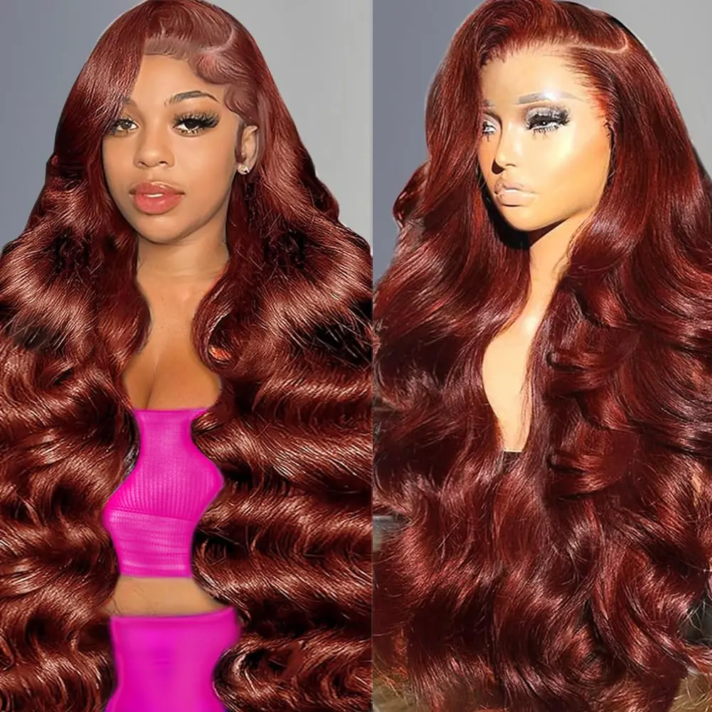 Human Hair Wig Reddish Brown 30 Inch 13x6 Lace Front Wigs Human Hair 33# Body Wave Wigs 180% Density Pre Plucked for Women Auburn Brown Wig