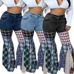 Women High Waist Patchwork Flare Jeans Plaid Bell Bottom Ruffle Hem Denim Long Pants Trousers