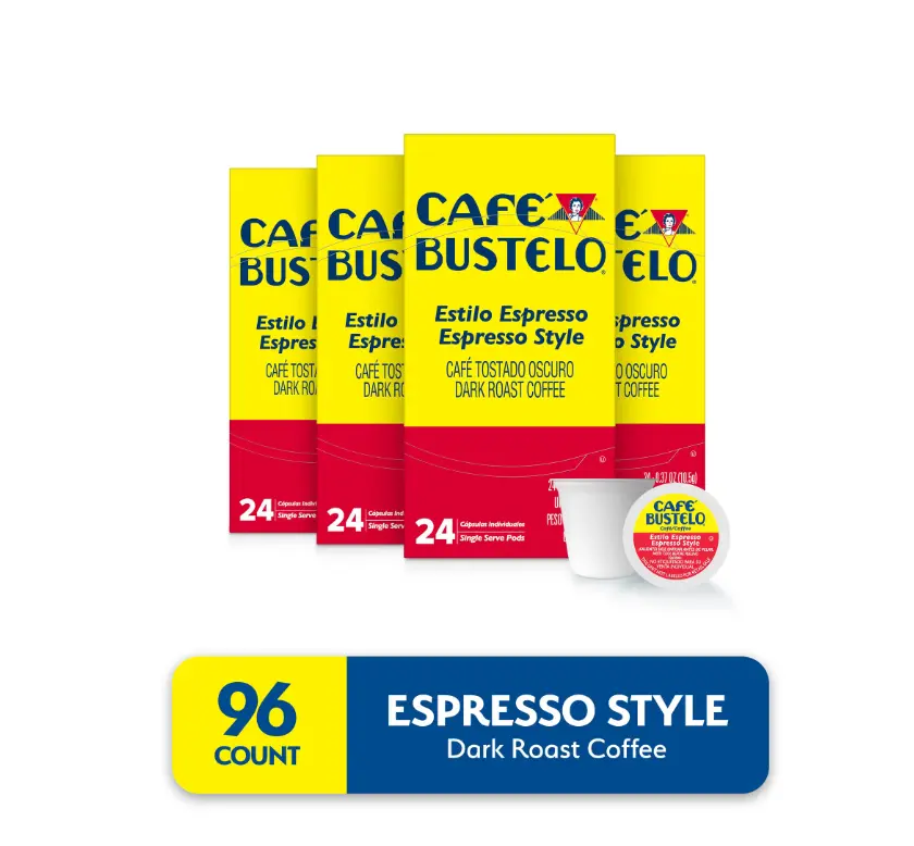 (4 pack) Cafe Bustelo Espresso Style, Dark Roast Coffee, Keurig K Cup Pods, 24 Count Box