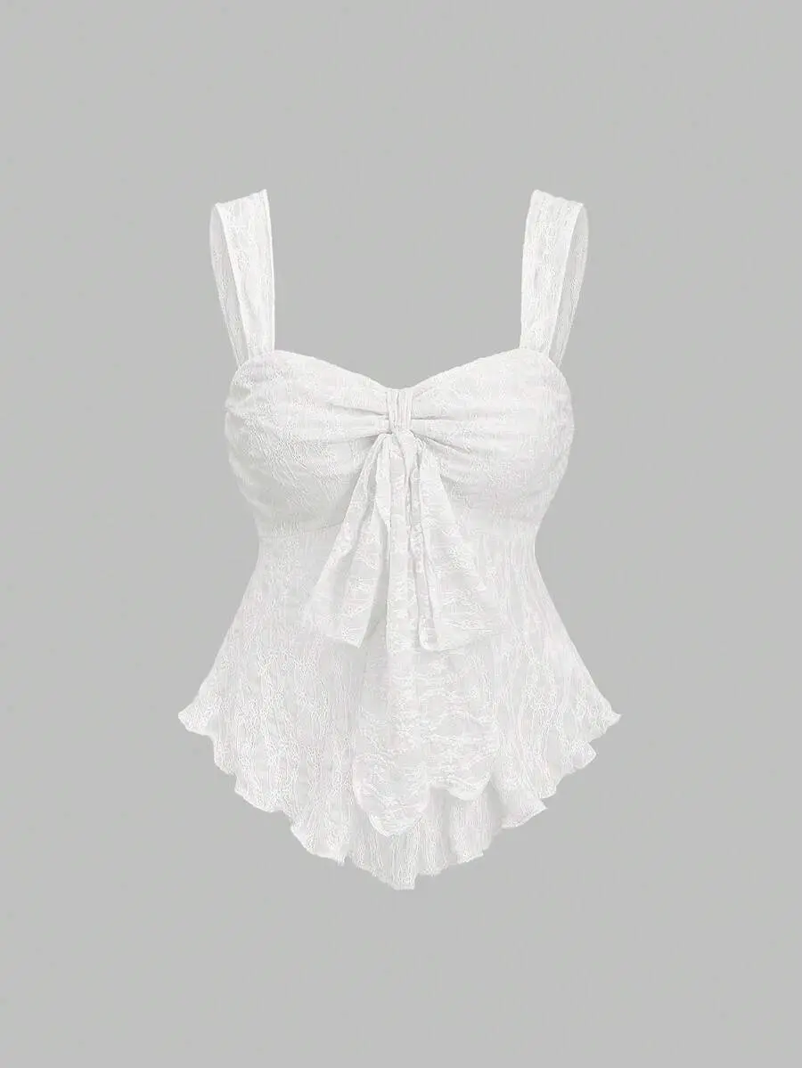 Sweetra Cropped Tube Top With Bowknot And Textured Print