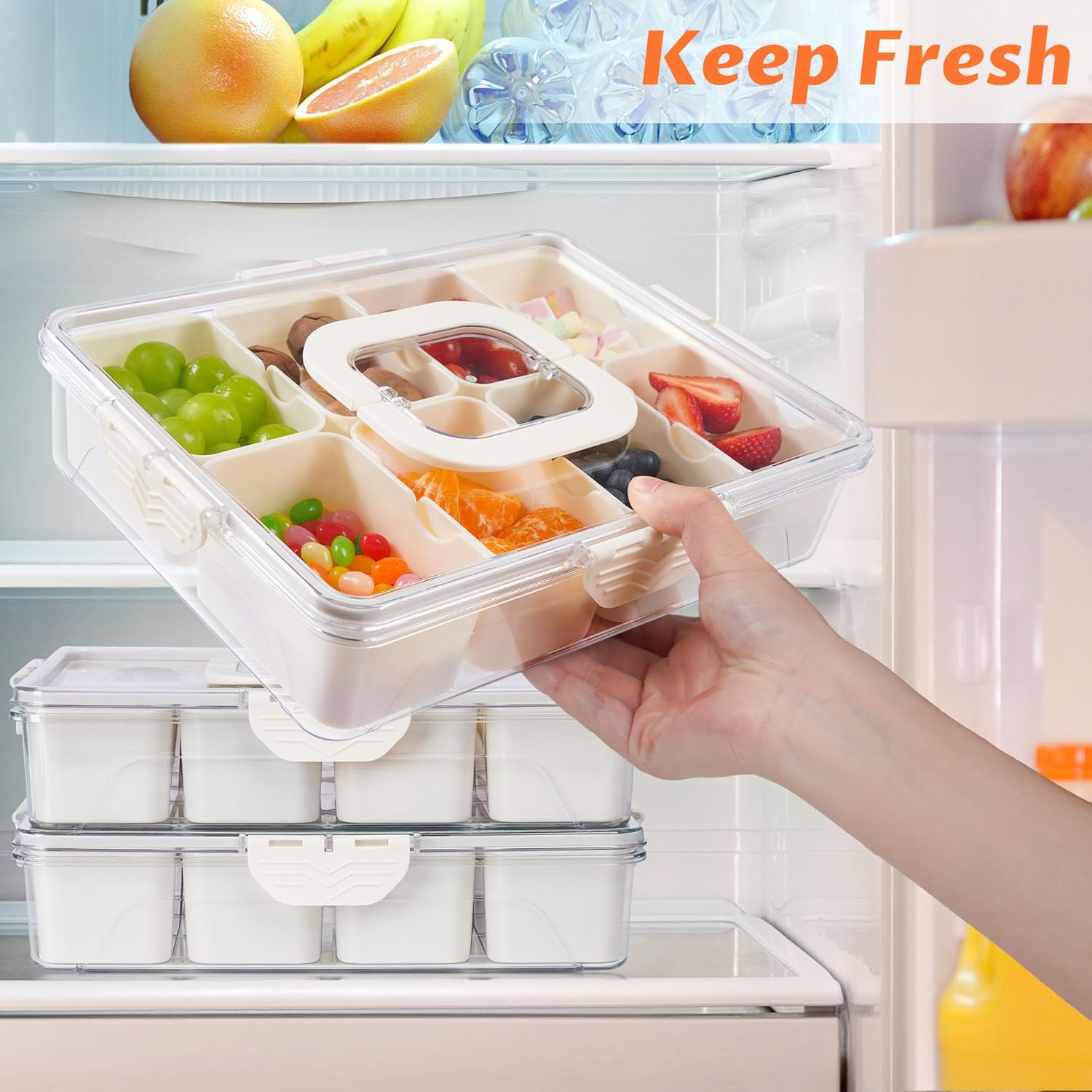 Snackle Box Container Portable Snack Organizer with Lid & Handle 8 Divided Compartments for Kids Candy Fruit Nuts Veggies Road Trips Beach Picnic Party Travel 1 Pack ware tubber meal prep supplies kitchen plate