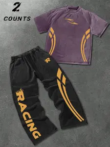 Vintage Acid Wash Racing Tracksuit: Men's Oversized Graphic T-Shirt and Baggy Pants - 2-Piece Streetwear Set for Retro Y2K Aesthetic & Daily Wear.