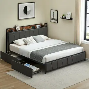 King Size Bed Frame with 2 Storage Drawers and Charging Station, Rustic Linen Upholstered Platform Bedframe with Storage Headboard, Heavy Duty, No Box Spring Needed, Easy Assembly, Noise Free, Grey