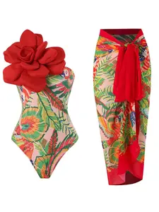 Two Counts Women's Tropical Print Flower Decor One-piece Swimsuit & Cover Up Skirt Set for Spring, Summer Clothes Women One Shoulder Beach Swimsuit & Knot Wrap Skirt Set, Tummy Control Swimswear, Girly Clothes