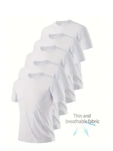 5-Pack Lightweight Men's Round Neck T-Shirts, Gym Tees, Sports Tops, Quick-Dry, Breathable, Sweat-Wicking, Ideal for Gym, Running, Sports Training