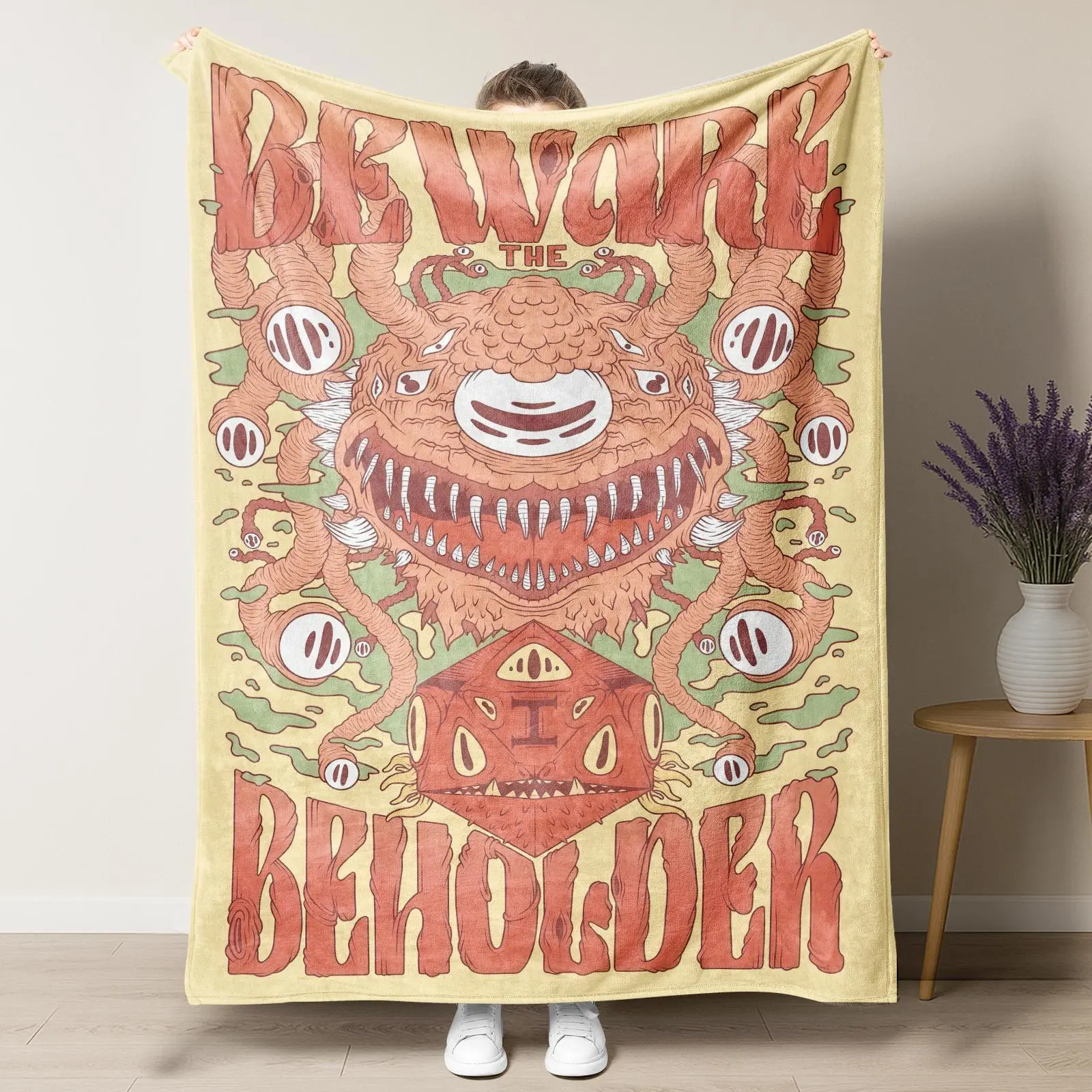 Beware the Beholder Dungeons & Dragons Summer Flannel Blanket,Retro DnD Beholder Monster Poster Print Lightweight Air Conditioning Blanket,Soft Blanket for TTRPG Fans,Game Nights & Nerdy Room Decor,Summervibes