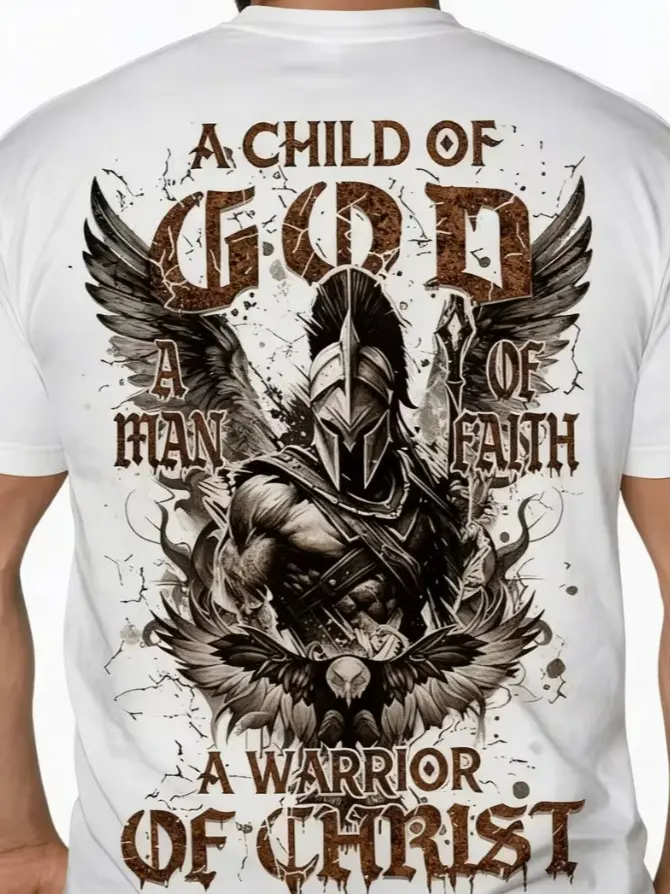 Men's Plus Size T-Shirt, Christian Warrior Graphic Tee, 'Child of God for Man of Faith Warrior of Christ' Print, Ancient Armor Soldier with Wings Design, Spiritual Warfare Motif, Loose Fit Casual Summer Tops for Men, PLUS SIZE