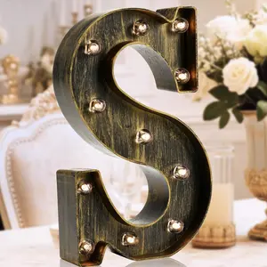 Golden Black LED Marquee Letter Sign - Industrial, Vintage Style Light Up Alphabet Initials Lamp, Home & Cafe Decoration - Size S