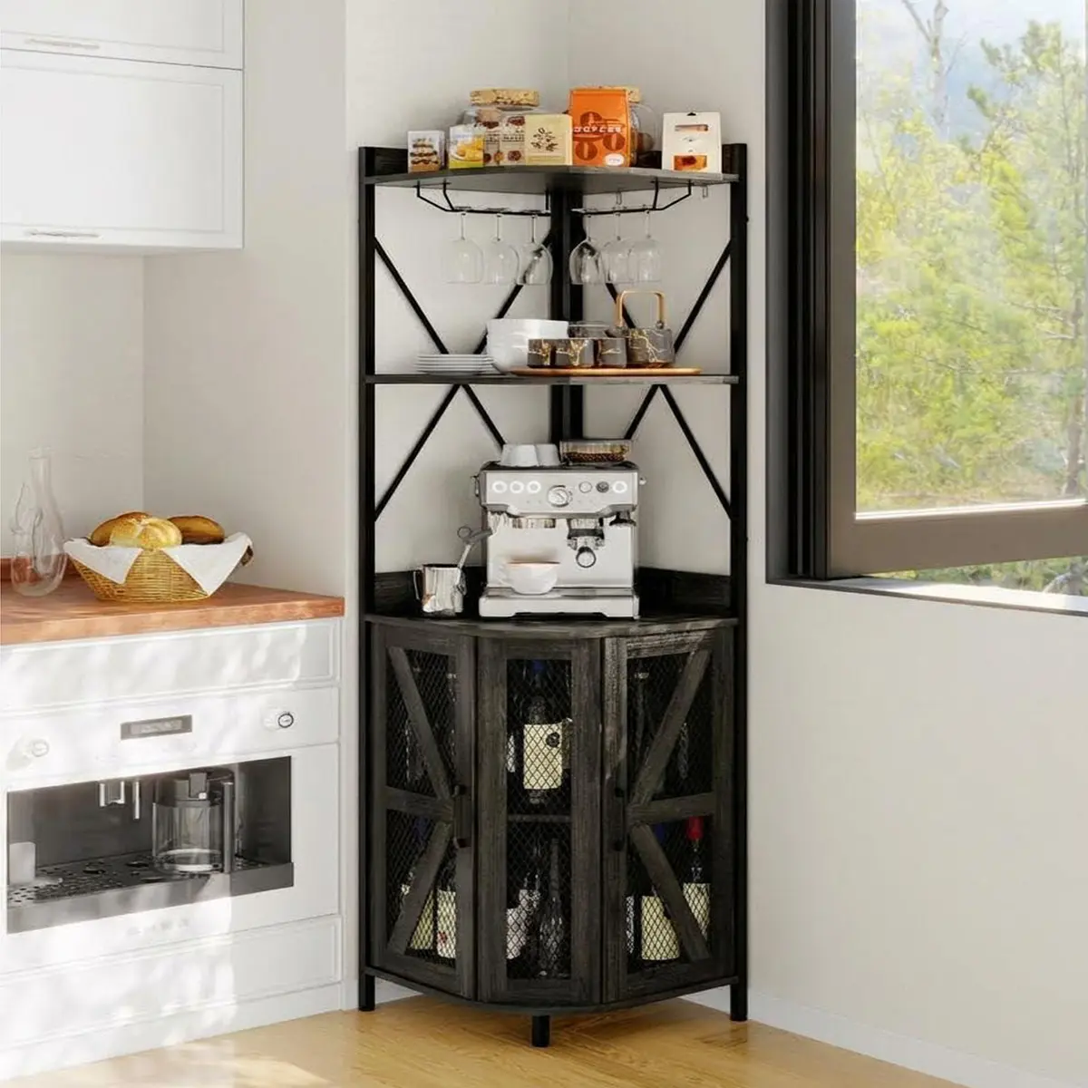 Garvee 4-Tier Corner Wine Rack - Freestanding Foldable Bar Cabinet with Industrial Metal Design, Wine Storage Shelf & Glass Holder for Small Spaces in Living Room, Dining Room, Kitchen - Black Finish, 51 lbs Capacity, No-Tool Assembly