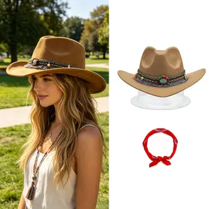 Bohemian style Western Arthur Morgan hat with beaded band, brown felt sun hat for women