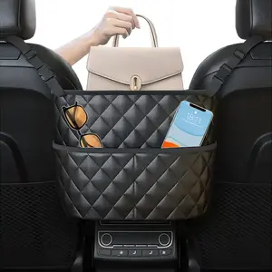 Black PU Leather Car Net Pocket Handbag Holder Between Seats Back Storage Organizer Purse Holder for Console Front Seat Storage Barrier
