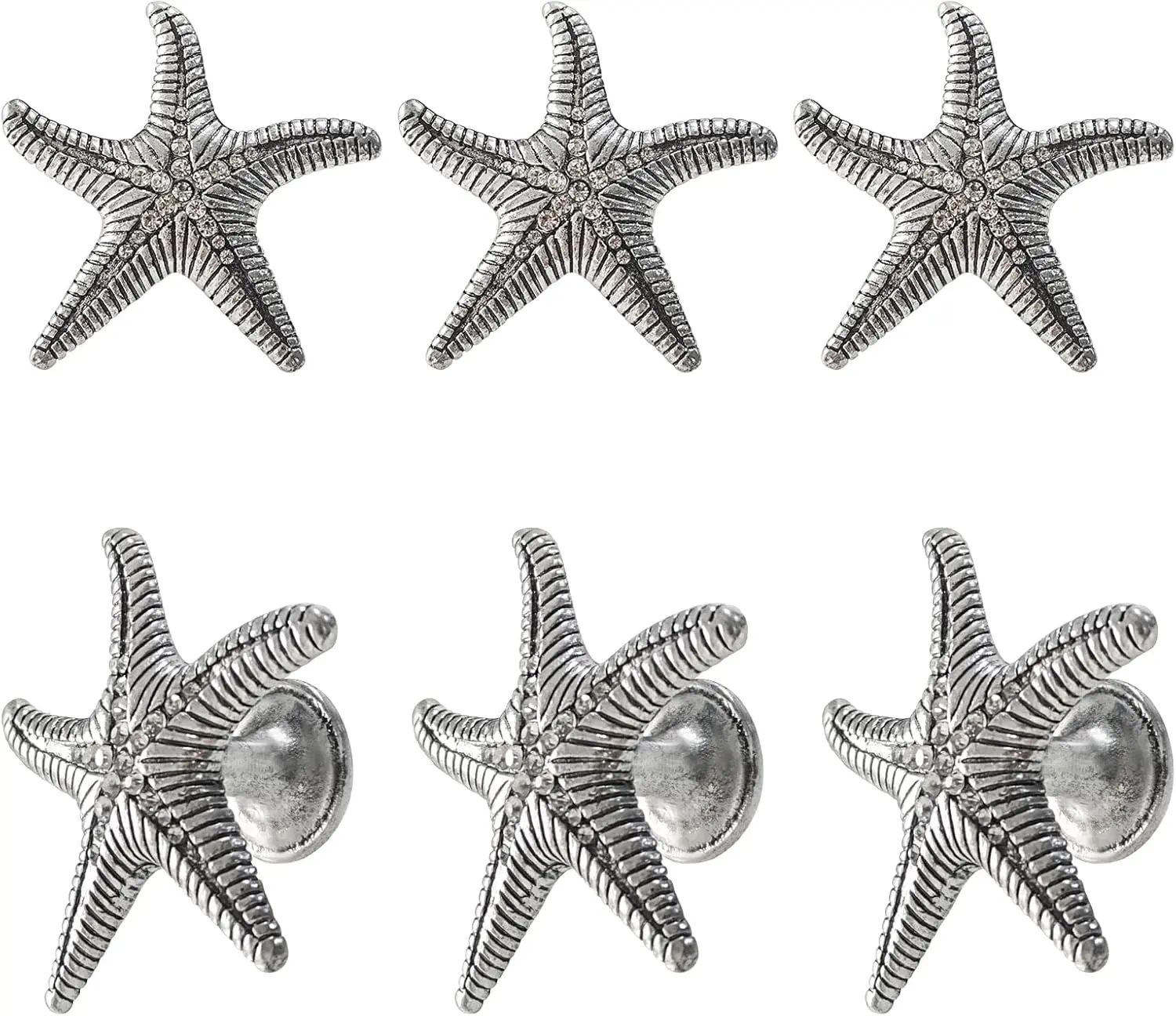 Antique Silver Starfish Cabinet Knobs, 6-Piece 5.5 cm*5.5 cm*2.2 cm High-Grade Zinc Single Hole Pulls with Rhinestone Accents - Christmas Gift, Birthday Gift for Kitchen, Bathroom Dresser Home Decoration, Housewarming Gift