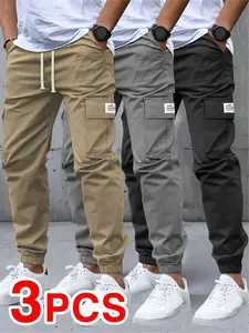 Men’s Casual Solid Color Cargo Pants 3-Pack — multiple flap pockets, drawstring waist; versatile for everyday commuting, outdoor leisure, and work; suitable as a holiday gift fit bottom Beige