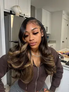 26 Inch Black and Brown Highlights Body Wave Lace Front Wig |Heat Resistant Synthetic Fiber, Soft & Lightweight Natural Parting Premium Synthetic Wigs