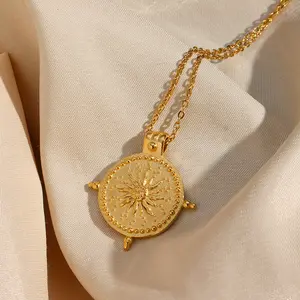 2026 New Frosted Surface Acient Sun Compass Pendant Necklace For Woman Ladies New Stee PVD Plated Coin Necklace Gold Jewelry