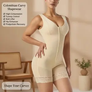 Colombian Curve Shaping Bodysuit High Compression Tummy Control Butt Lifter Hip Enhancer Full Body Shaper with Lace Trim Zipper Crotch Beige White One Piece for Postpartum Gym Casual Attire Shapewear Fit Control Jumpsuit Full Figure Tiktok
